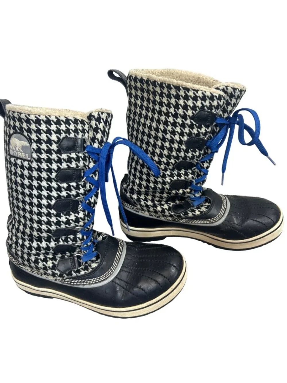 Sorel Tivoli Women's 8 Houndstooth Winter Boots Black White Tall Waterproof